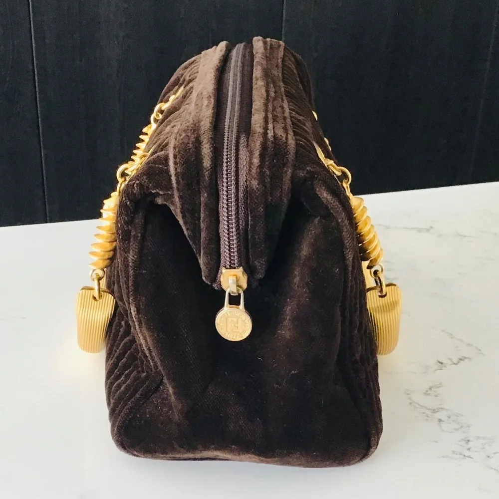 FENDI rare vintage handbag brown quilted velvet with gold handles - Picture 3 of 16